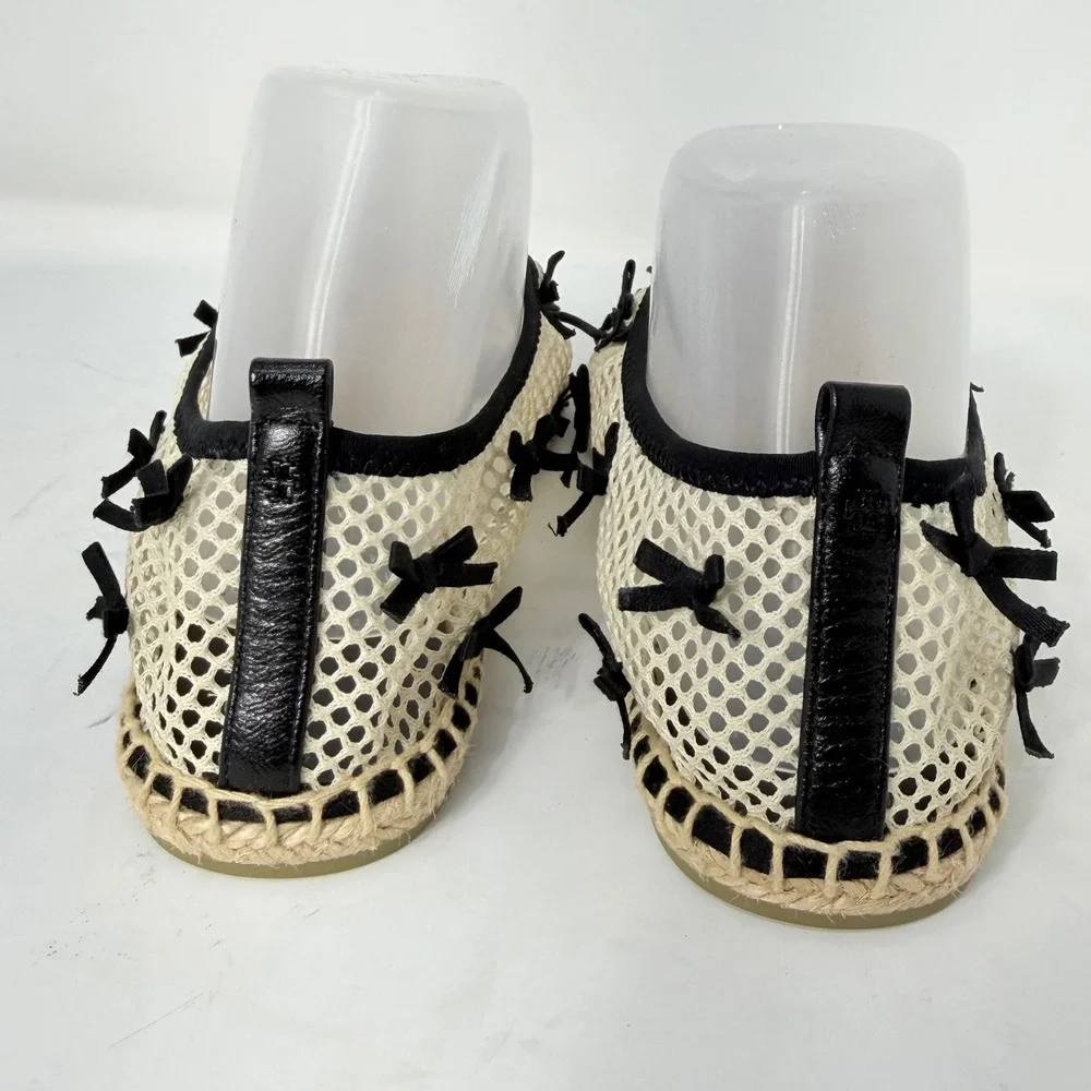 Tory Burch Mesh Bow Espadrille Flats Cream Black Womens 9M Slip On Shoes